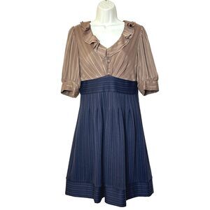 Rabbit Rabbit Rabbit Designs Tan Navy Pinstripe Balloon Sleeve Dress Women's 8
